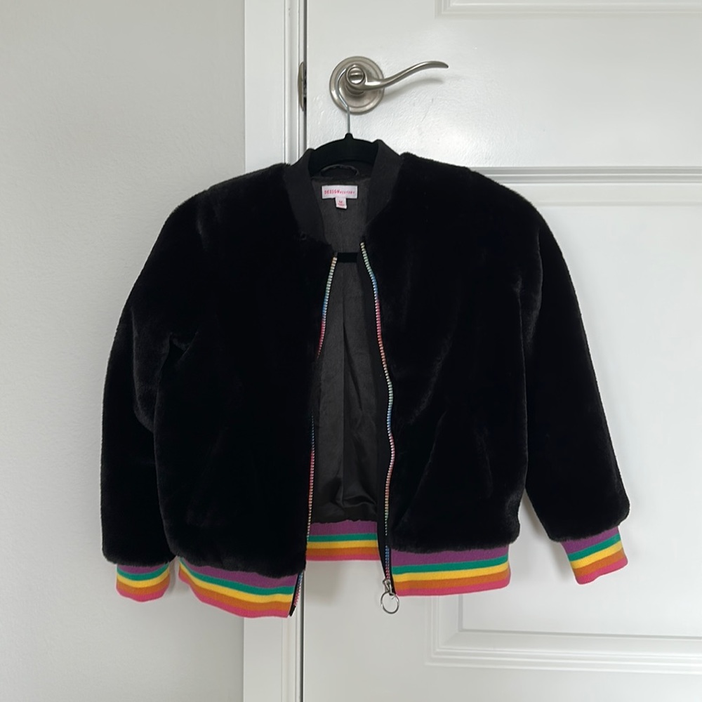 Black with Rainbow Faux Fur Bomber Jacket - Sz girls medium from Design History